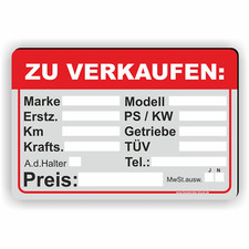 Zu Verkaufen I KFZ Verkauf Schild / Aufkleber D33