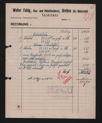 Brehna rechnung 1939 - brehna,,