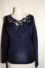 MADIVA edles Feinstrick Langarmshirt Top mit Tüllspitze Wolle/Seide blau NEU