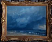 Original XL Ölgemälde Oil Sea Meer Gewitter Wolken Impressionismus Prunkrahmen 