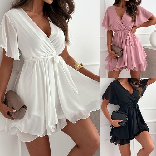 Damen neck chiffon minikleid - chiffon,