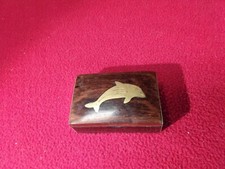 Antike Alte Schnupftabakdose Delfin Teakholz Einlegearbeit Holz Messing (1010)