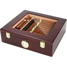 Humidor | für Zigarren | Schwarz | Braun | Sichtfenster | Set mit Befeuchter