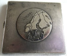 30er Jahre Zigarettenetui NORGE Nordkap Alpacca versilbert vergoldet ziseliert