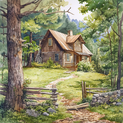 Wandbild blockhütte wald - blockhütte,
