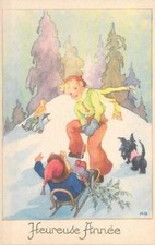 Gruß AK Kinder Hund  Winter Schlitten Schnee Künstler M.B.Verlag Fox Paris