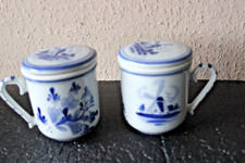 2 Porzellan Teebecher mit Deckel+Sieb Maritim blau/weiß Friesland Tasse