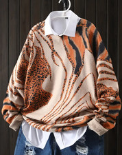 Strickpullover mit geometrischem Leopardenmuster,lässiger Schnitt, Herbst-Winter