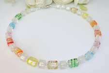 Kette Halskette Glas Murano Art Lampwork Würfel weiß mehrfarbig pastell   202.