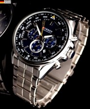 Edle Herren Männer Armband Uhr Chronograph Stoppuhr Datum NEU Blau Silber Farben