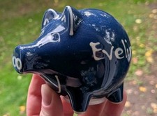 Sparschwein Keramik Blau Weiß mit Name "Evelin" gebraucht