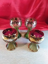 4 Alte Weingläser Gläser Römer Trompetenfuß Mundgeblasen Emaille Malerei (4922)