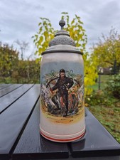 Alter Bierkrug Feuerwehr mit Zinndeckel 40Jahre Dienstzeit