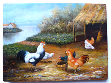 altes Ölgemälde 19. Jhd Hühner Hahn Stall Bauernhof See Deutsche Schule Bild