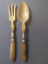 Großes antikes Salat-Besteck Aus Horn und Silbermontierung.