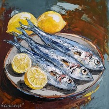 Original Ölgemälde Stillleben Kunstwerk Fisch Sardinen Zitrone Küchenkunst 20x20cm
