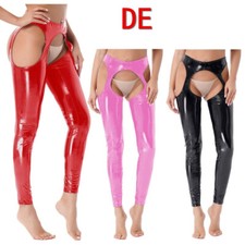 DE ranrann Damen Wetlook Leggings Lack Offener Schritt Lange Lederhose Clubwear