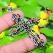 Natürliches Kreuz-Tigerauge Edelstein 925 Sterlingsilber Geschenk Anhänger 2,68" f292