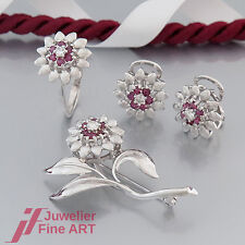 Schmuckset- Ring/Ohrclipse/Brosche mit Rubin&Brillant(Diamant)- 14K/585 Weißgold