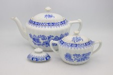 Oscar Schaller Bavaria China Blau Porzellan Teekanne Zuckerdose Deckel Goldrand