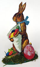 Hase Osterhase uralt Aufsteller Pappe Glitter H 21 cm mit Osterei aus Pappmaché