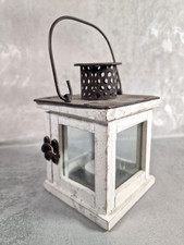 Shabby Chic Laterne Weiß Holz & Metall Vintage Windlicht 15 cm hoch Landhaus