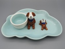 Keramik Tablett / Teller und Tasse mit Hundmotiv Hellblau Geschirr Tiermotiv