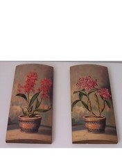 2 auf Holz gemalte Wand-Bilder: 9,5 x  20 cm, rote Blumen im Topf