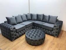 Luxus Samt 5-Sitzer Ecksofa - Plüsch Grau Chesterfield Stil