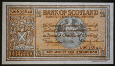BANK OF SCOTLAND 24 Aug 1939 Elphinstone/McFarlane £1 Pfund Banknote 5x
