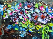 Abstrakte lila Blumen Ölbild 20x15 cm Gartenblumen Original Ölgemälde auf Karton