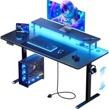 Gaming Tisch mit LED, Höhenverstellbarer Schreibtisch mit Steckdosen