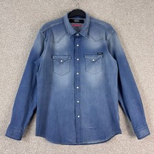 Replay Herren XL blau Denim Western Hemd Hyperflex Stretch Perlen Druckknöpfe