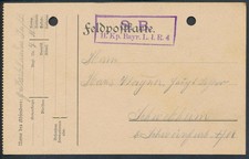 Feldpost Feldpostkarte S.B. 11. Kp. Bayr. L.I.R.4 Schwebheim 1914