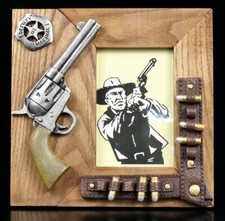 Western Holz Bilderrahmen - Colt - Cowboy Pistole Revolver Patronen