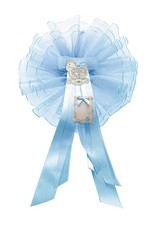 Kokarde zur Geburt mit Bändern aus Satin Pergament und Applikation von Schwänzen