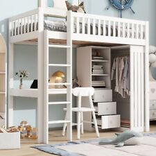Hochbett Kinderbett 90x200cm mit Schreibtisch, Stauraum und Kleiderschrank Weiß