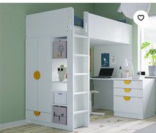 Hochbett Kinderbett 90x200cm mit Treppe, Schreibtisch, Kleiderschrank, Weiß