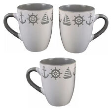 3er Set maritime Keramik Becher 350ml Kaffeebecher Anker Steuerrad Boot (1212)