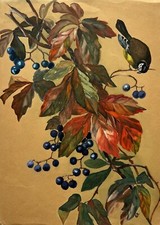 Aquarell Zweig Ast mit Beeren und Meise Vogel 31,5 x 23 cm