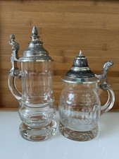 Bierkrug Bierseidel Kristall Glas Geschliffen Zinn Deckel mit Verzierung 2 Stück