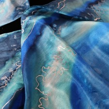 Seidenschal Unikat Seidenmalerei Damen 100% Seide Meer 130x30cm blau Silberlinie