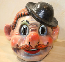 Alte Maske Faschingskopf Pappmaché, Clown, Mann mit Hut, Antik