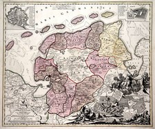 Ostfriesland Original Kupferstich Landkarte Homann 1730 Flächenkolorit