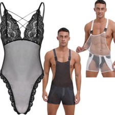 DE Herren Sissy Mesh Spitze Body Nachtwäsche Crossdress Durchsichtiger Overalls