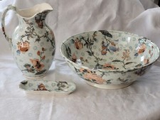 1890, antikes Waschset Seifenschale, Kanne, Schüssel Sarreguemines / Porzellan