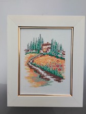 Gobelin Stickbild mit Holzrahmen Haus Landschaft ca. 30 x 25 cm - Toskana