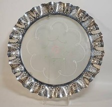 True Vintage Shabby Chic Tortenplatte Metall Durchbrucharbeit Glasplatte Blüte