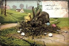 Ak Frohe Ostern, Osterhase mit Ei im Nest, Hühnerküken - 4538582