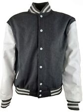 Herren College Jacke Baseball Sweat Jacke mit Leder Ärmel grau weiss S